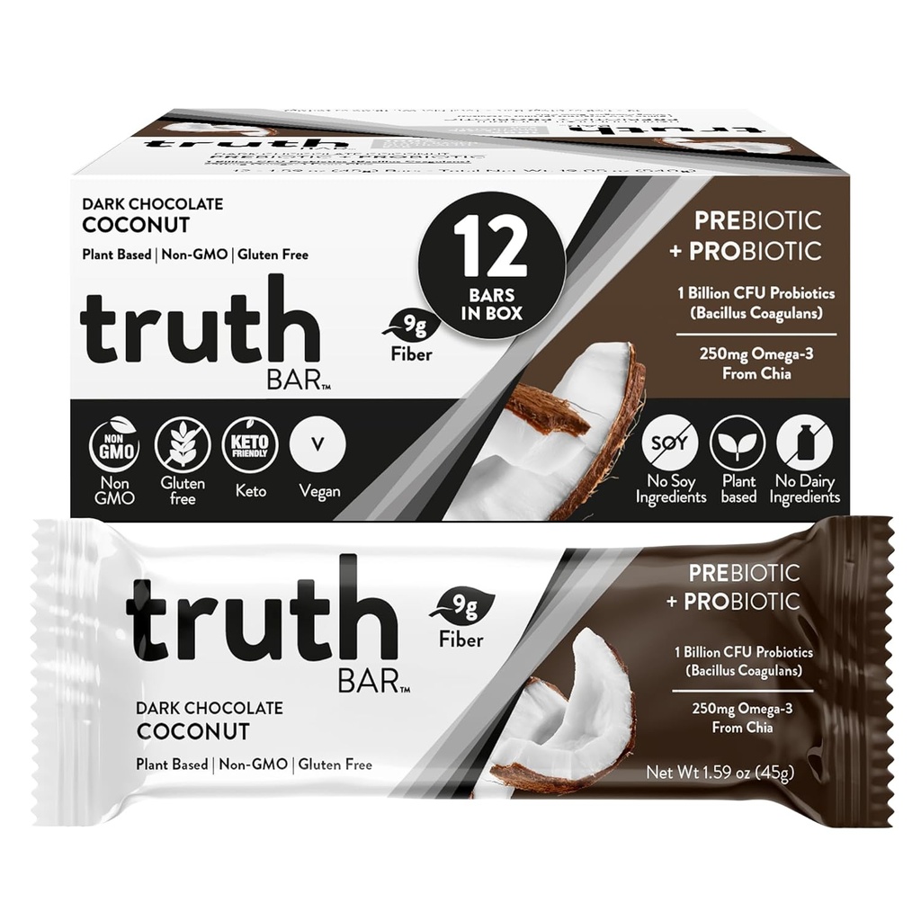 Verdad Bar Snack saludable, Omega 3 de Chia, Planta de base, Prebióticos &amp; Probióticos, fibra alta, Bajo azúcar, Keto, Kosher, Chocolate oscuro, Vegan, Gluten Gratis, 12 Ct, 45g ea.