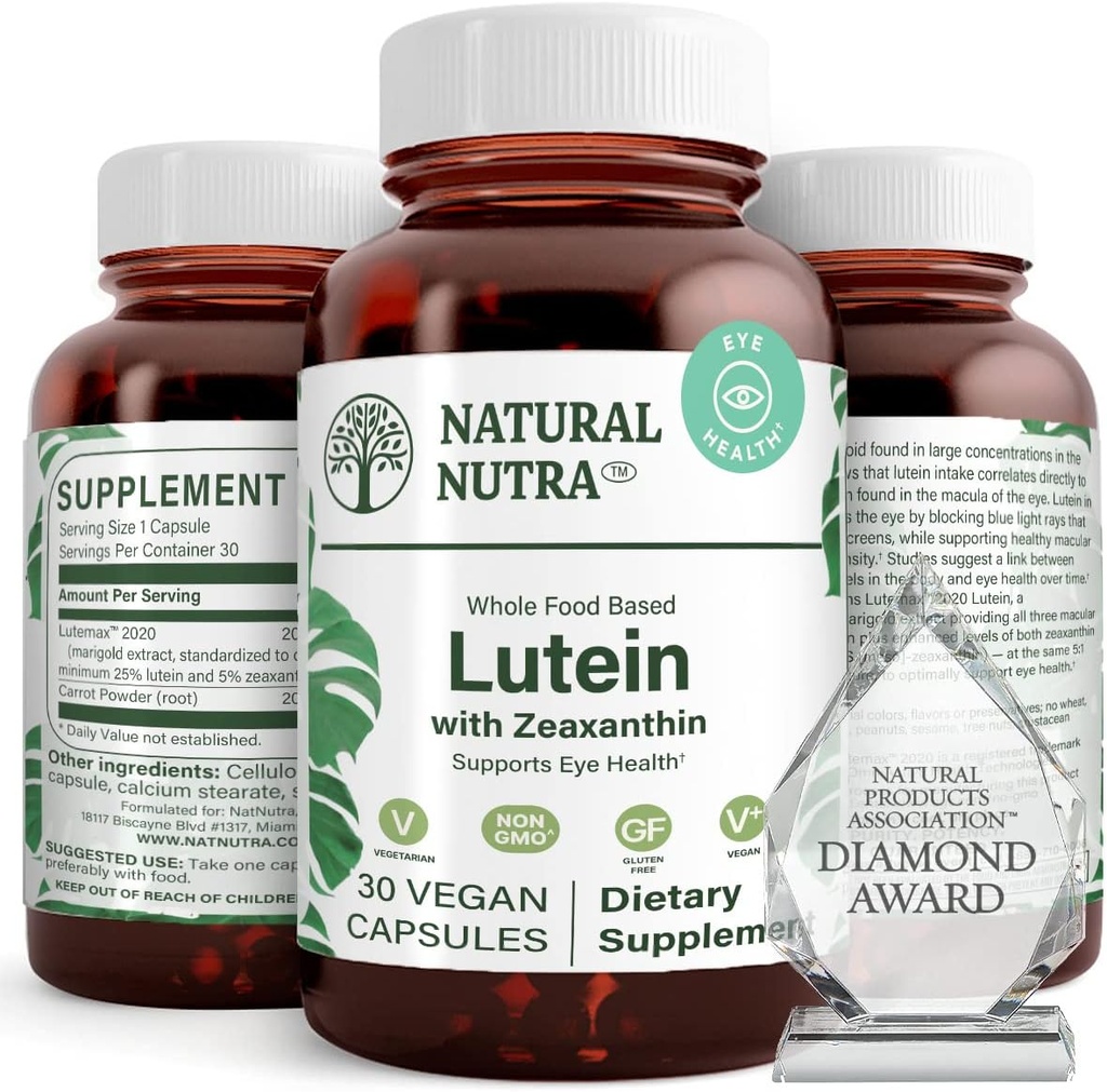 Natural Nutra Lutein y Zeaxanthin Suplemento, Mantener la Visión Salud, Protege la célula en los ojos, Mejorar el nivel de Zeaxanthin &amp; Isomers, Apoyar la salud de los ojos, Gluten Gratis, Soy Gratis, 20 mg - 30 cápsulas