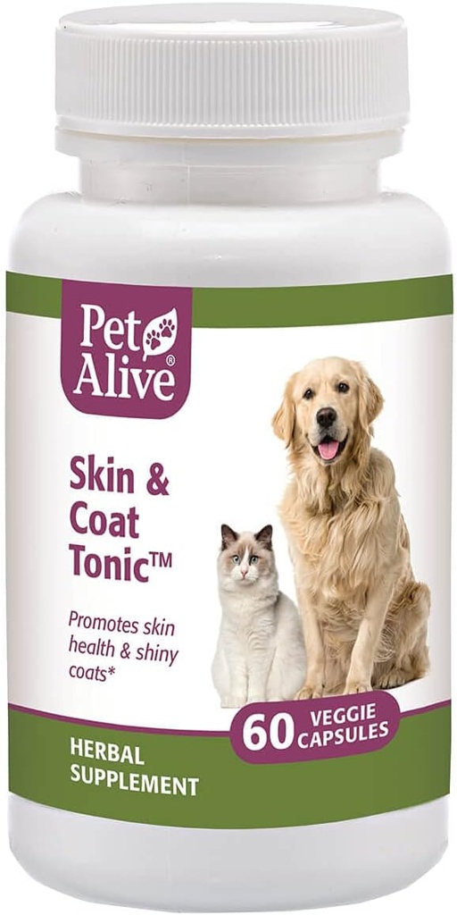 PetAlive Skin and Coat Tonic - All Natural Herbal Suplemento para Cat and Dog Skin Health and Shiny, Glossy Coats - 60 Veggie Caps
