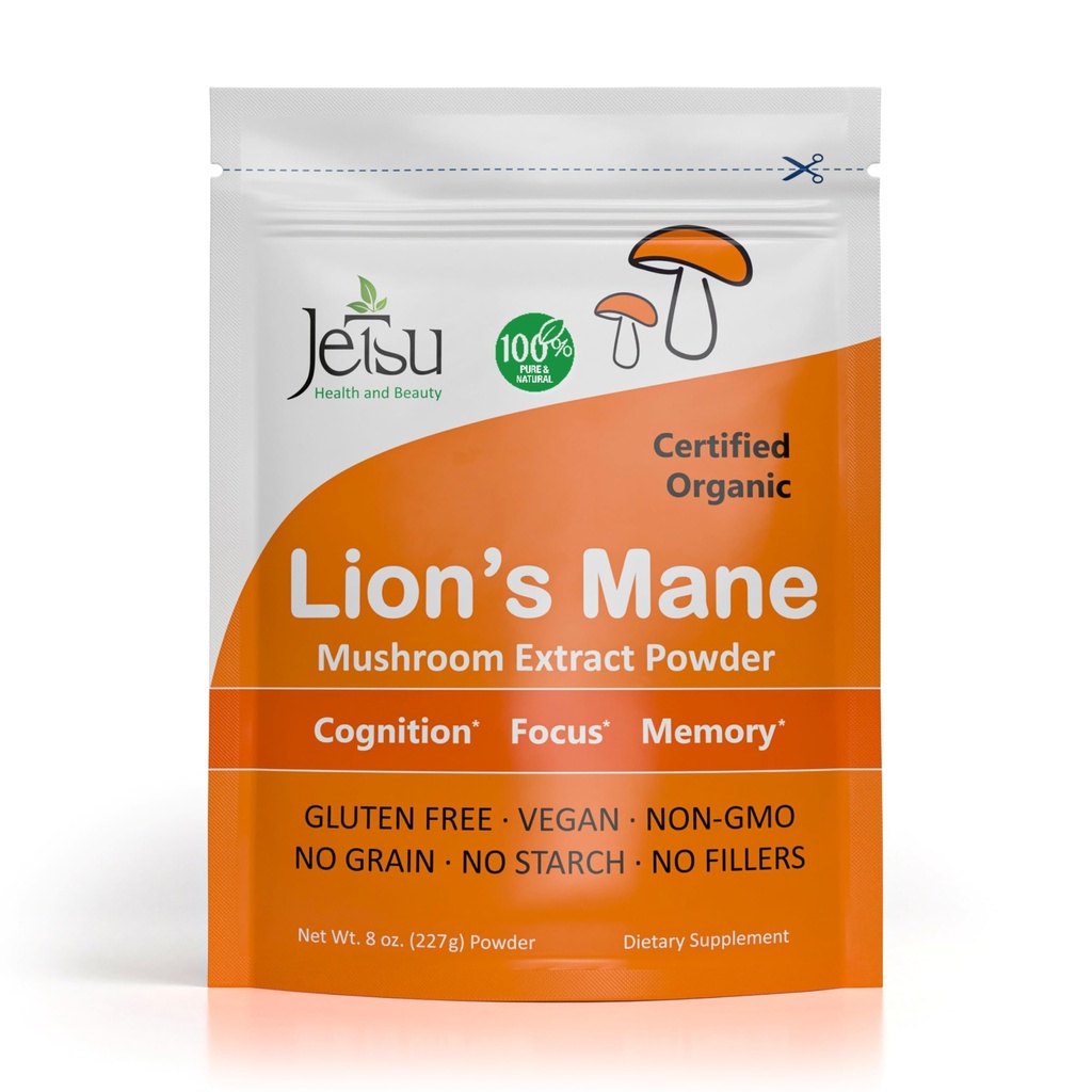 Jetsu Lions Mane Mushroom Powder, Orgánica, Vegan, Suplemento Extracto No-GMO. Nootropic to Support Brain Health, Boost Neuron Growth and Your Immune System for Clarity and Focus. (227g)