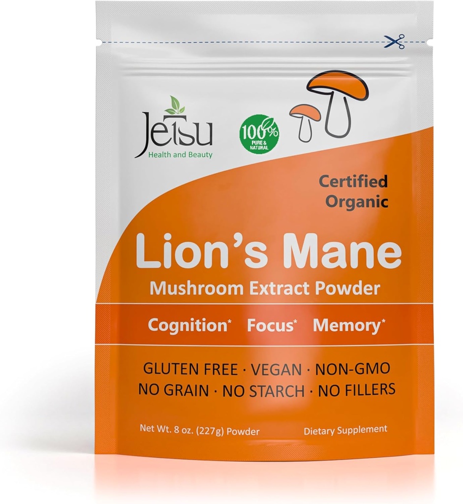 Jetsu Lions Mane Mushroom Powder, Orgánica, Vegan, Suplemento Extracto No-GMO. Nootropic to Support Brain Health, Boost Neuron Growth and Your Immune System for Clarity and Focus. (227g)