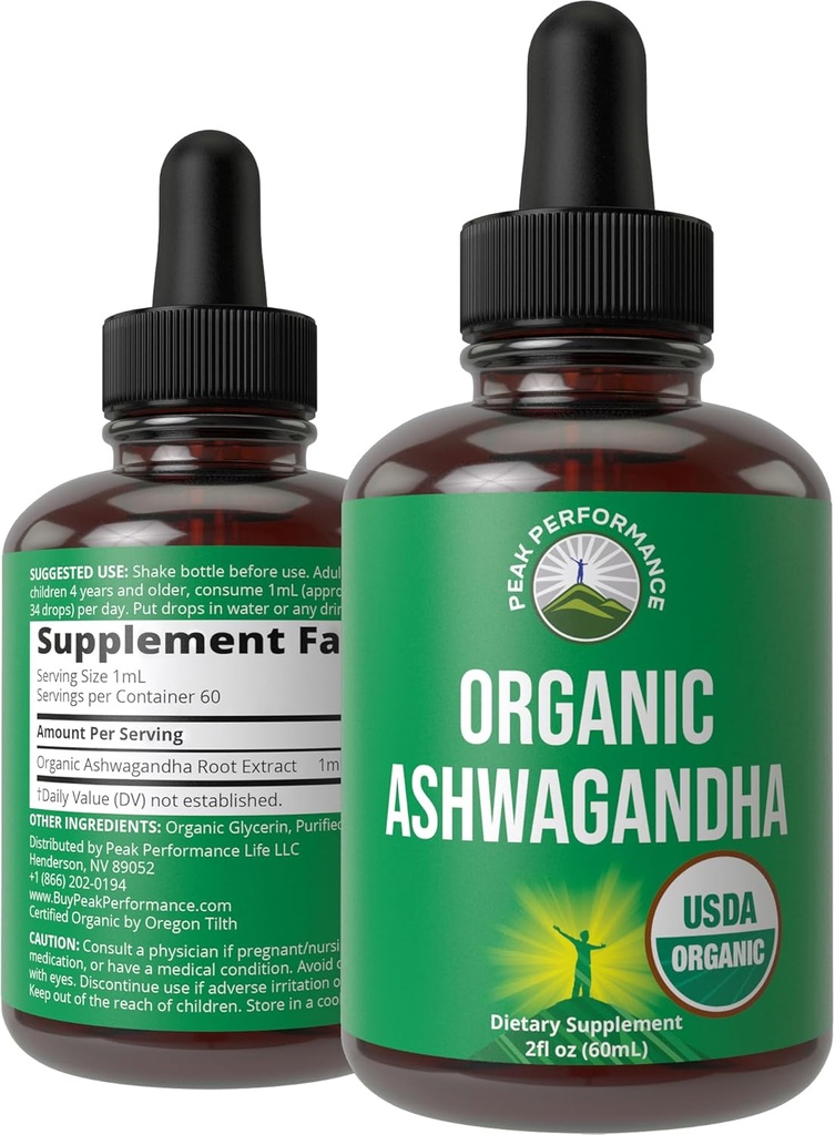Ashwagandha Liquid Drops. USDA Organic Vegan Supplement. Extra Strength Ashwagandha Extracto Root para Mujeres, Hombres, Niños. con Adaptógenos. Cero Azúcar, Orgánica, Gluten Suplementos de Tintura Libre.