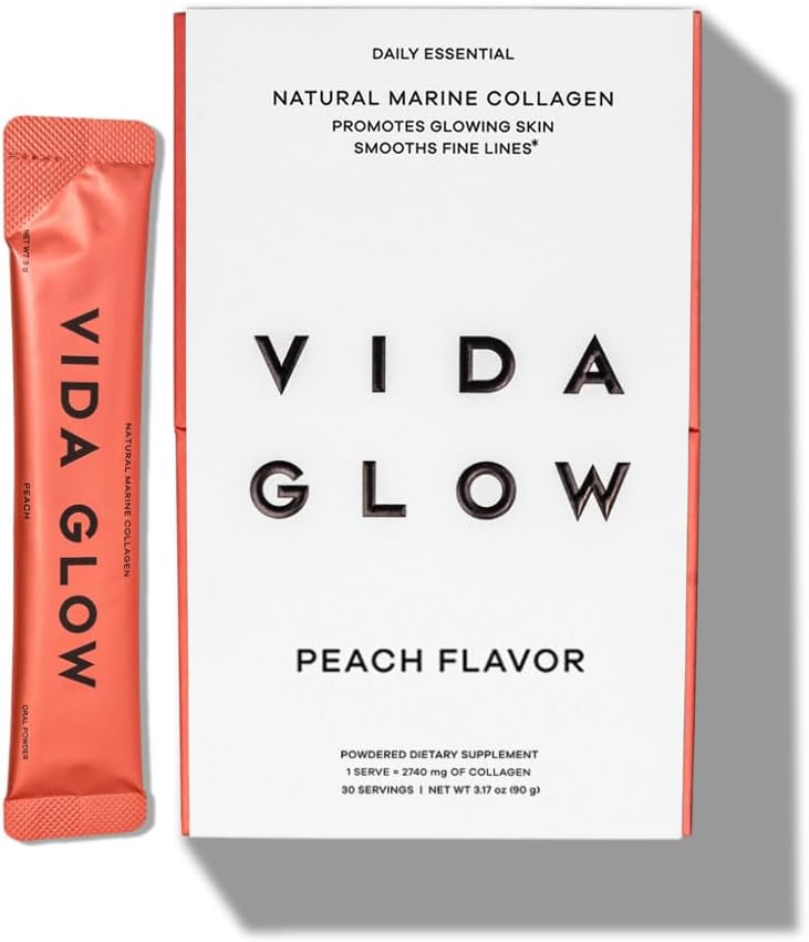 Vida Glow Marine Collagen Powder - Anti Aging Suplemento con Peptides Collagen, promueve la piel de alumbramiento, uñas fuertes, cabello saludable latitud 30 Servimientos, Peach Flavor