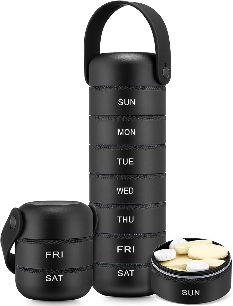 Zannaki Metal organizador semanal de píldoras, caja grande de carga de viaje 7 días, caja impermeable de píldoras diarias con manija de silicona, aleación de aluminio Contenedor portátil para vitaminas, medicinas, suplementos