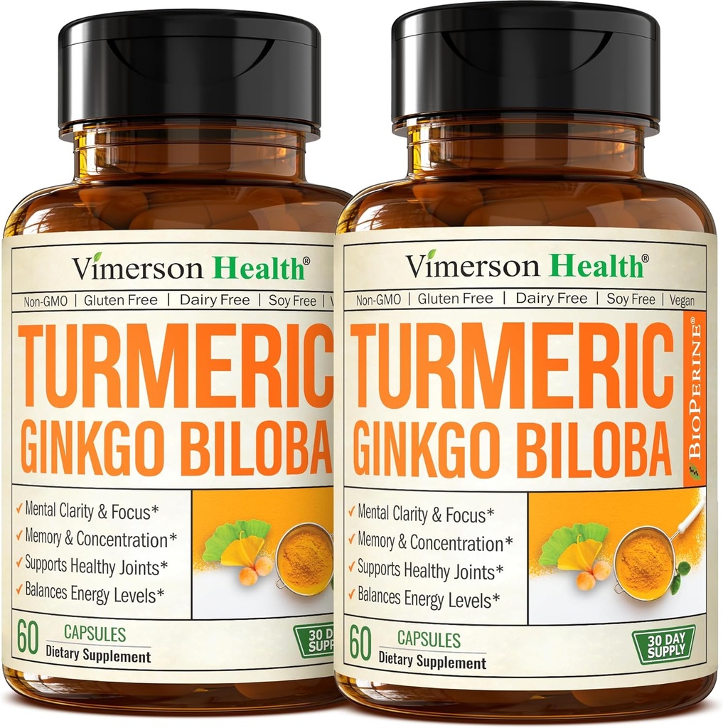 Ginkgo Biloba y Turmeric Curcumin Suplemento w/Black Pepper " Organic Tumeric – Natural Turmeric Supplement for Focus, Memory, Joint " Brain Health – Vegan Ginko Biloba Capsules w/Curcuma – 2 Pack
