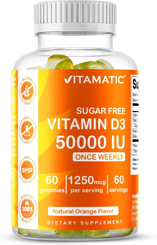 Vitamatic Sugar Free Vitamina D3 50.000 UI Suplemento semanal – 60 Gummies de alta potencia Vitamina D para bonificación, dientes &amp; soporte inmunológico