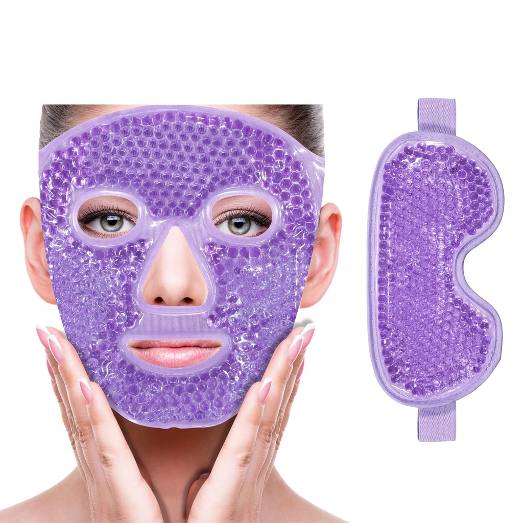 ZNÖCUETÖD Cooling Ice Face Eye Mask for Reducing Puffiness, Bags Under Eyes,Sinus,Redness,Pain Relief,Dark Circles, Migraine,Hot/Cold Pack with Soft Plush Backing (Purple(1* Eye Mask+1*Face Mask))