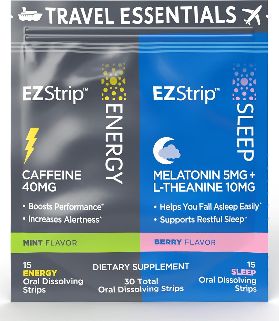 Pack de viaje con suplementos de energía y sueño - 30 cuenta - Pack portátil con tiras de cafeína para la energía y las tiras de melatonina para el apoyo al sueño durante el viaje - hecho en EE.UU., azúcar &amp; gluten