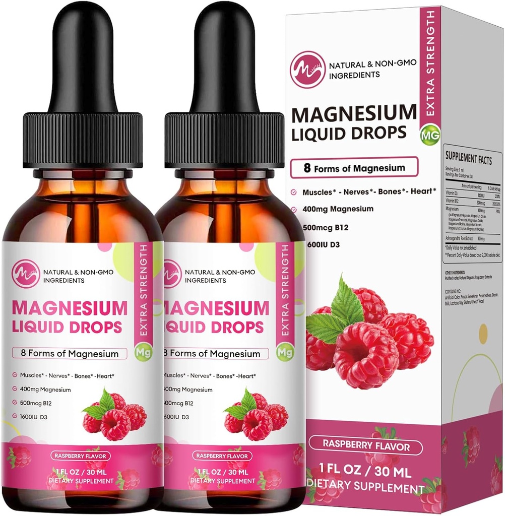 (2 Pack) Suplemento Complejo de Magnesio con Glycinate Magnesium,Citrate, Malate,Taurate, 8-en-1 Complejo de Magnesio gotas líquidas para Cerebro,Sleep,Nerve, Muscle,Bone,Cramps,Heart, Non-GMO No Gluten