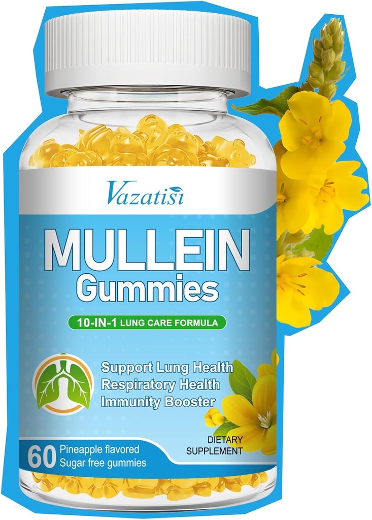 10 en 1 Mullein Gummies for Lungs, Mullein Leaf Extract with Bromelain, Quercetin, Magnesium - Soporte Lung Cleanse for Healthy Breathing, 60ct