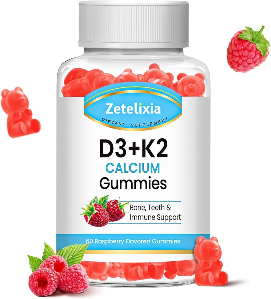 Vitamina D3 K2 Gummies, Vitamina D3 2000 UI, K2 (MK7) 120mcg, Calcio 600 mg con Vitamina D3, Apoyo B0ne & Immune Health, Vegan, Gluten Free, Raspberry Flavor, 60 Con