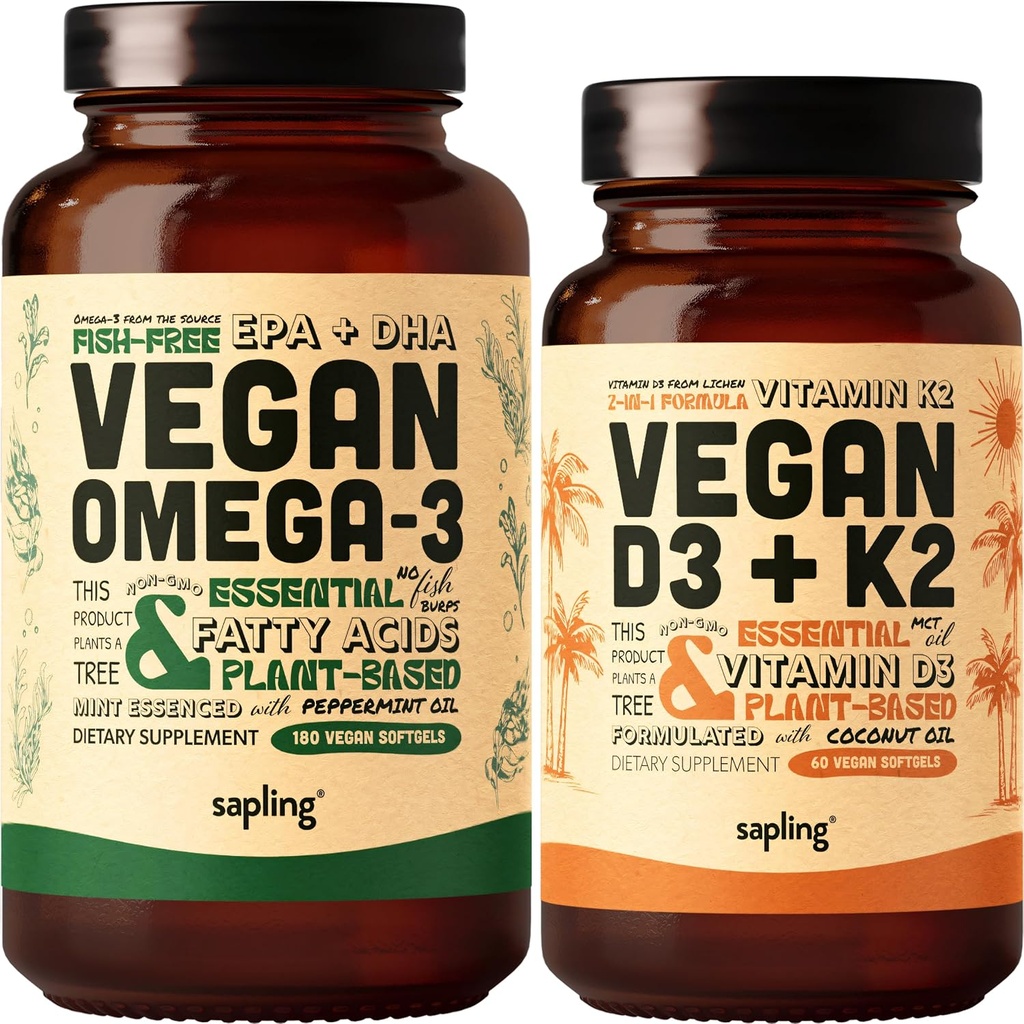 Vegan Omega 3 180 Softgels & Vegan Vitamin D3 + K2 Supplement Bundle - Plant-Based DHA & EPA Fatty Acids, 4000 IU Vitamin D3 and 100mcg Vitamin K2 as Mk7 - Tapioca Softgels