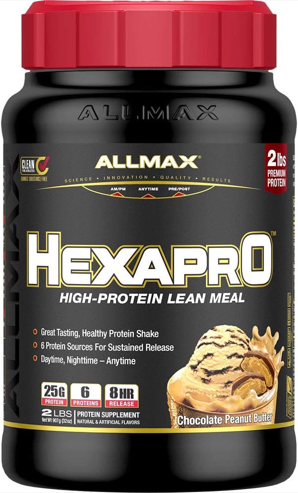 ALLMAX HEXAPRO, Chocolate Peanut Butter - 2 lb - 25 Gramos de Protein Por Servir - 8-Hour Sustained Release - Zero Sugar - 21 Servimientos