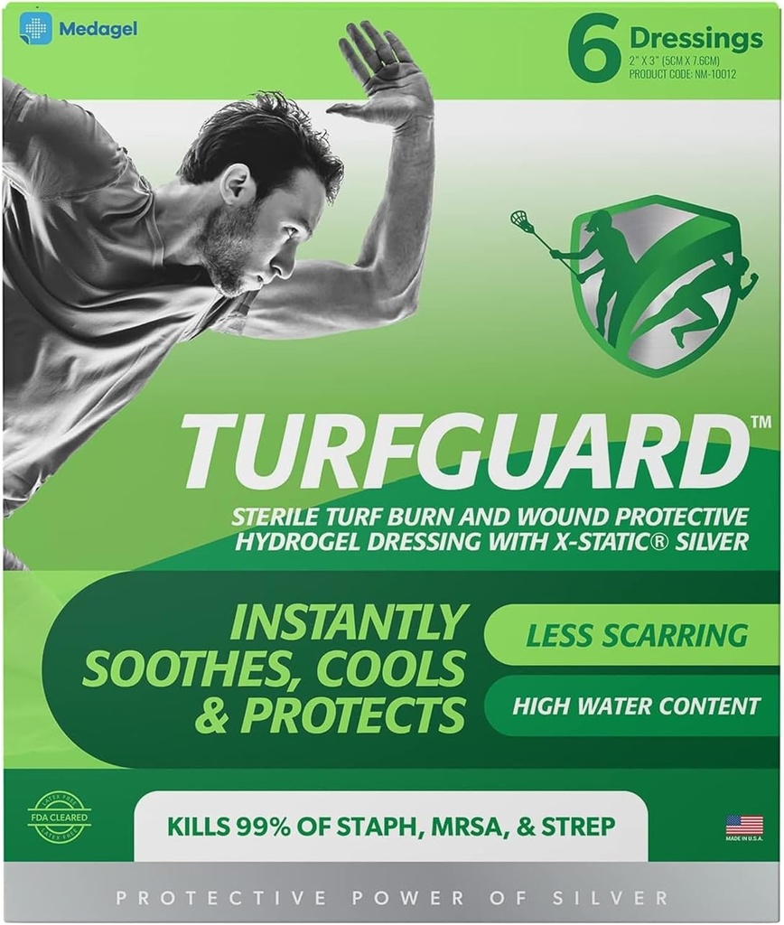 TURFGUARD Hydrogel Turf Burn Dressing with X-Static Silver – Cooling Relief, FDA Cleared, Antimicrobial Protection, " Moist Healing Patch for Burns " Wounds, 2" x 3" Dressings, 6 Pack, por Medagel