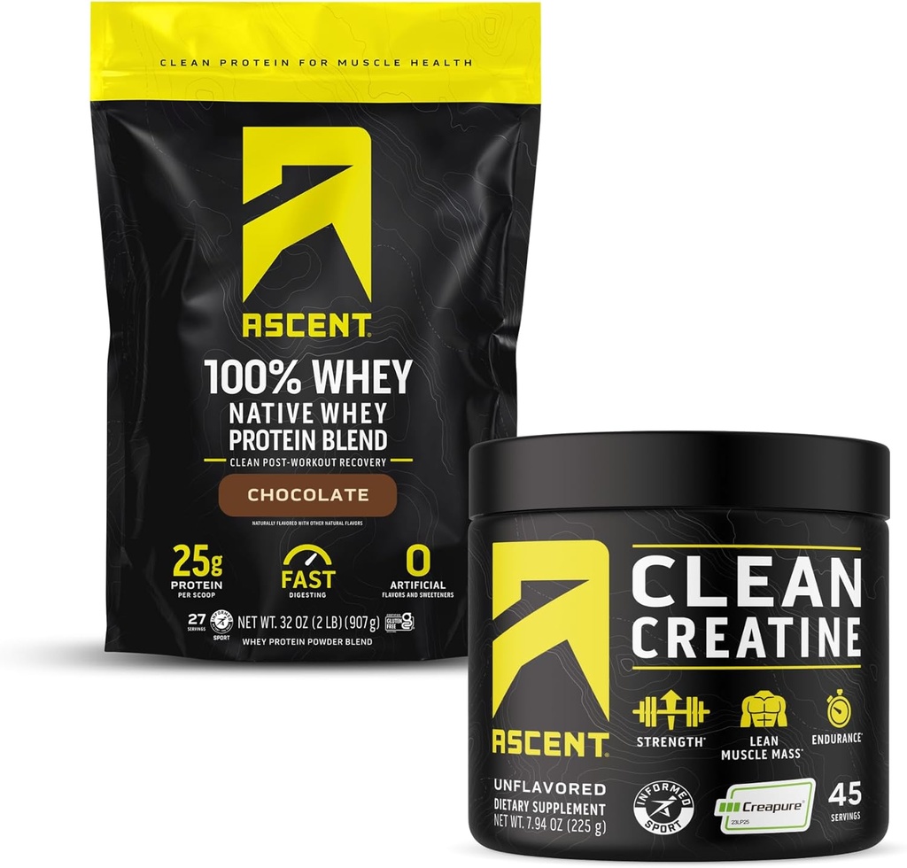 Ascenso 100% Whey Protein Powder, Chocolate 2 lb &amp; Creatine Monohydrate Powder, Desflavored 45 Servings