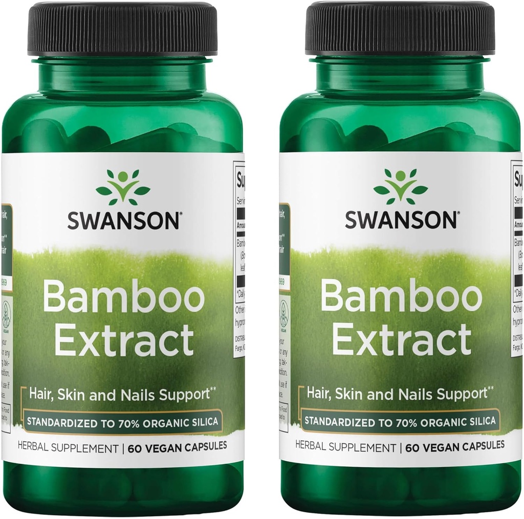 Swanson Bamboo Extract - Natural Hair, Skin and Nails Supplement - 70% Silica Content Supporting Collagen Formation & Bone Growth - (60 Veggie Capsules, 300mg Cada uno) (2 Pack)
