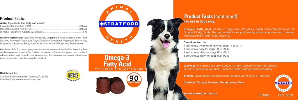 Stratford Pharmaceuticals EZ Chew Omega 3 Fatty Acid Soft Chew Max Strength - Dog Omega 3 Suplemento - Soft Chew Treats with Fish Oil for Dogs - Large and Giant Dogs - 90 Soft Chews
