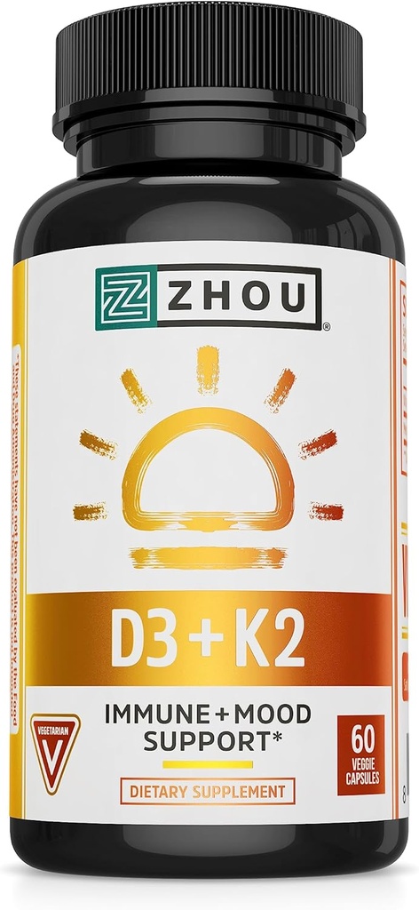Zhou D3+K2 - Vitamina D3 K2 Suplemento para Hombres, Immune Support Vit D3 y K2 Suplementos, Pura Fórmula Vegetariana con 5000 UI de D3 y MK-7 - 60 cápsulas vegetales (Pack of 1)