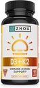 Zhou D3+K2 - Vitamina D3 K2 Suplemento para Hombres, Immune Support Vit D3 y K2 Suplementos, Pura Fórmula Vegetariana con 5000 UI de D3 y MK-7 - 60 cápsulas vegetales (Pack of 1)