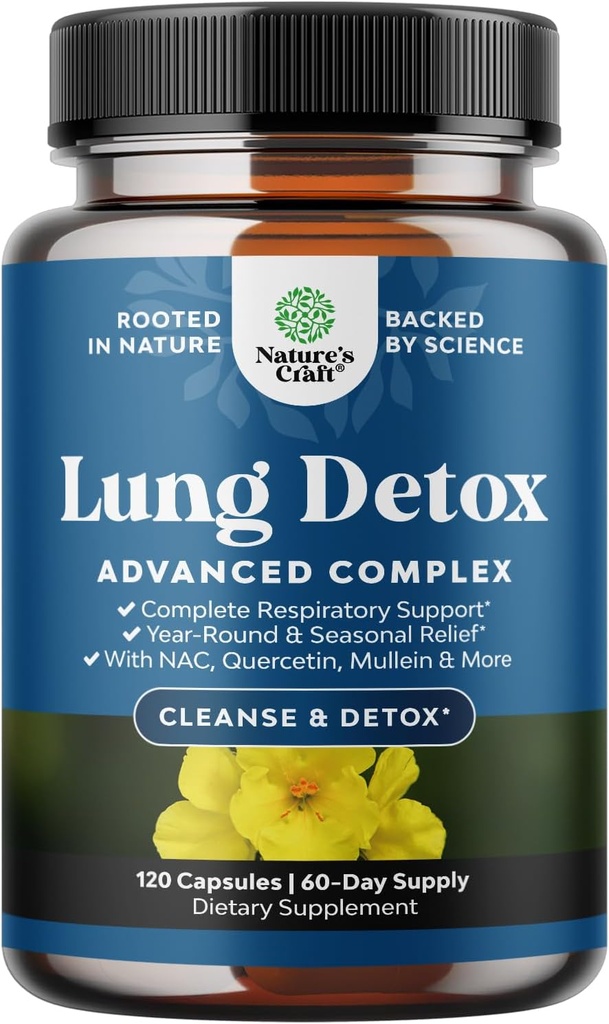 Lung Detox Mullein Leaf Capsules - Purifying Mullein Lung Cleanse Complex with NAC Quercetin & Cordyceps Extracts - Leaf Herb Respiratory Supplement for Sinus Immunity &amp; Breathing Support