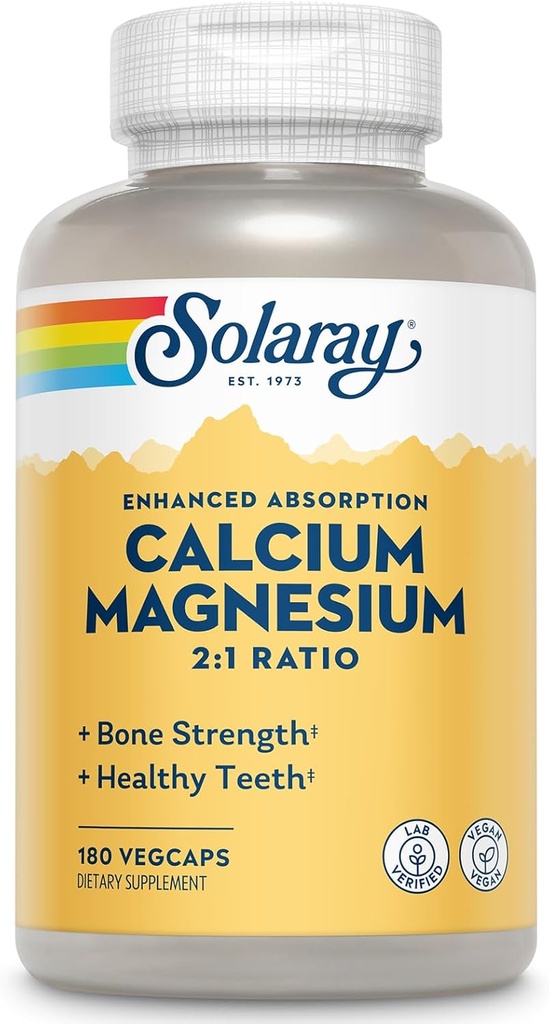 Suplemento de magnesio de calcio SOLARAY, Suplementos de magnesio " Calcio para mujeres y hombres, 2:1 Ratio, Bone Health " Strength, Vegan, Alta Absorción, Garantía de 60 días, 45 Servimientos, 180 VegCaps