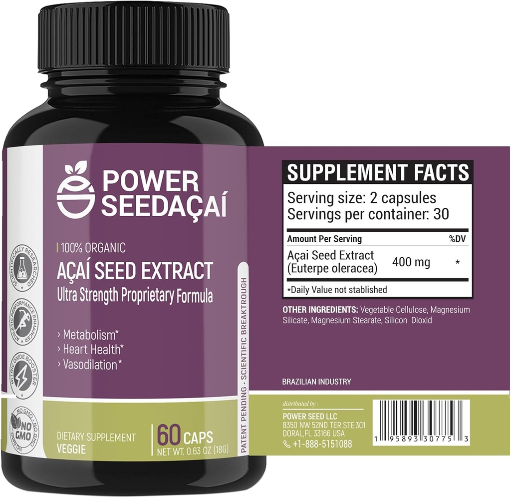 Power Seed Acai - Nitric Oxide Booster. Supports Blood Flow, Blood Sugar Levels, Metabolic Function & Energy. Super Strong Antioxidant. Caffeine-Free. Patented Formula | 60 Capsules