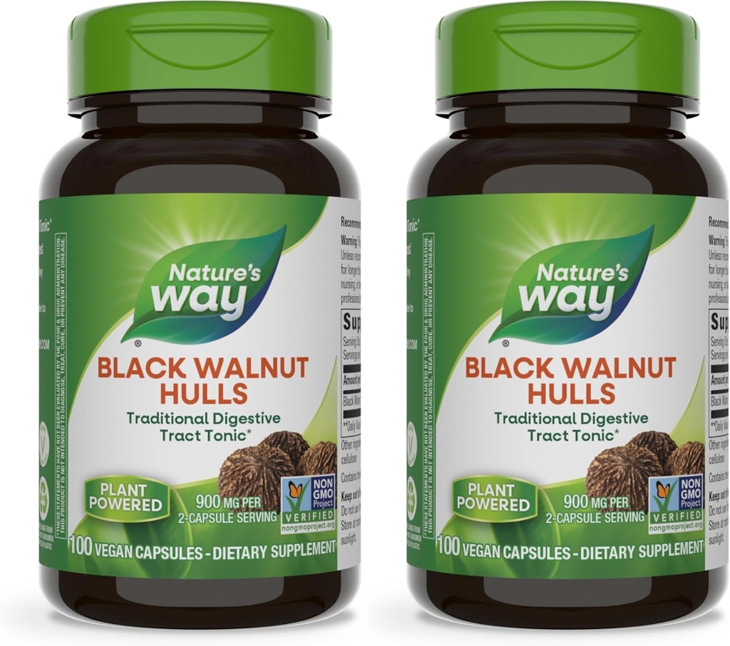 Mangueras de nueces negras de la naturaleza, tónica de tracto tradicional*, 900 mg por servicio de 2 cápsulas, proyecto de no transgénico verificado, vegano, 100 cápsulas (paquete mayo Vary) (Pack of 2)