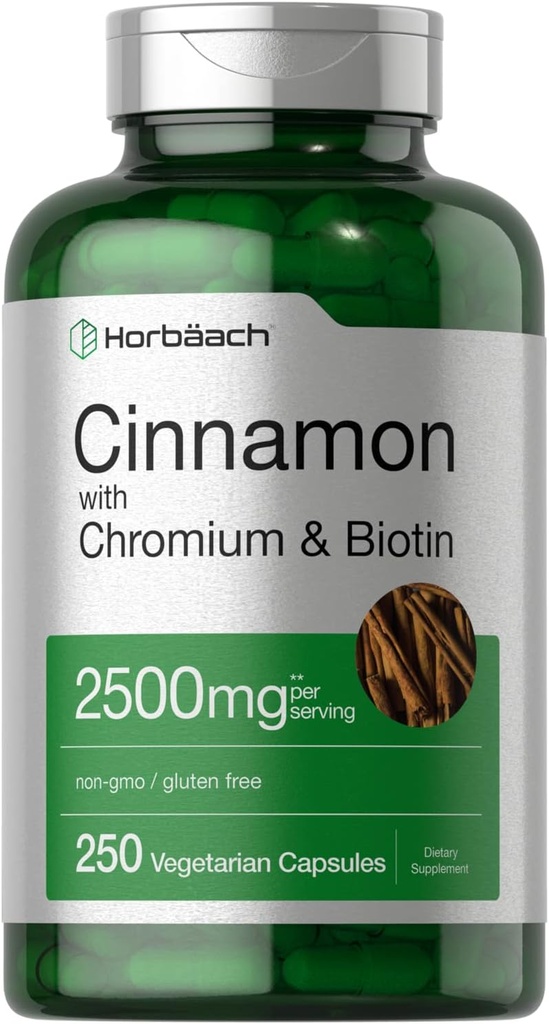 Horbäach Cinnamon with Chromium Picolinate 2500mg  250 cápsulas  Plus Biotin ANTE Vegetarian, Non-GMO, Gluten Free
