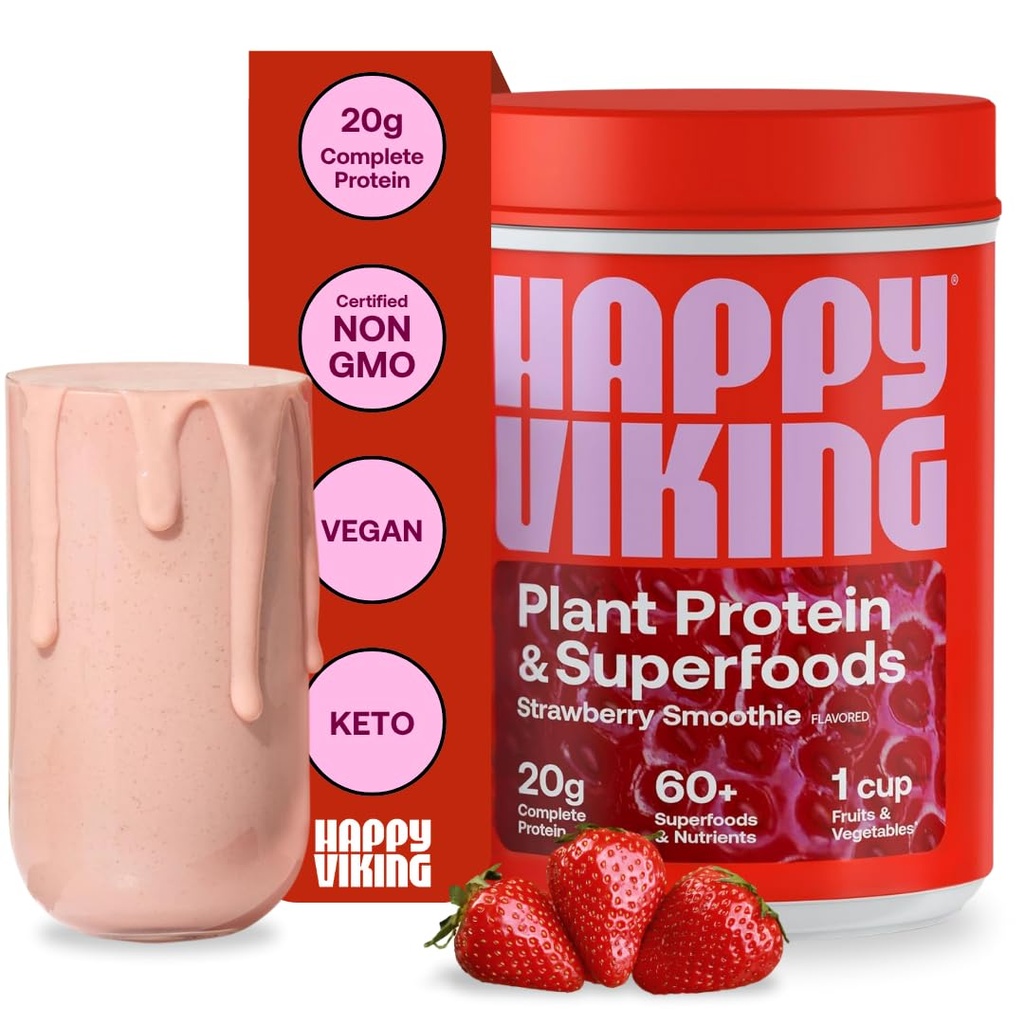 Happy Viking Strawberry Protein + Superfoods Powder, Creado por Venus Williams, 20G Protein, Low Carb, Keto, Vegan, Gluten-Free, Non-GMO, Superfoods, Complete Meal Replacement, 1 Canister (24 oz.)