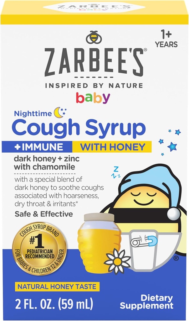 Zarbee's Baby Nighttime Cough Syrup + Immune, Baby Cough Syrup with Dark Honey + Zinc &amp; Chamomile, for Toddlers, No Drugs or Artificial Flavors, Natural Honey Taste, 2 fl. oz
