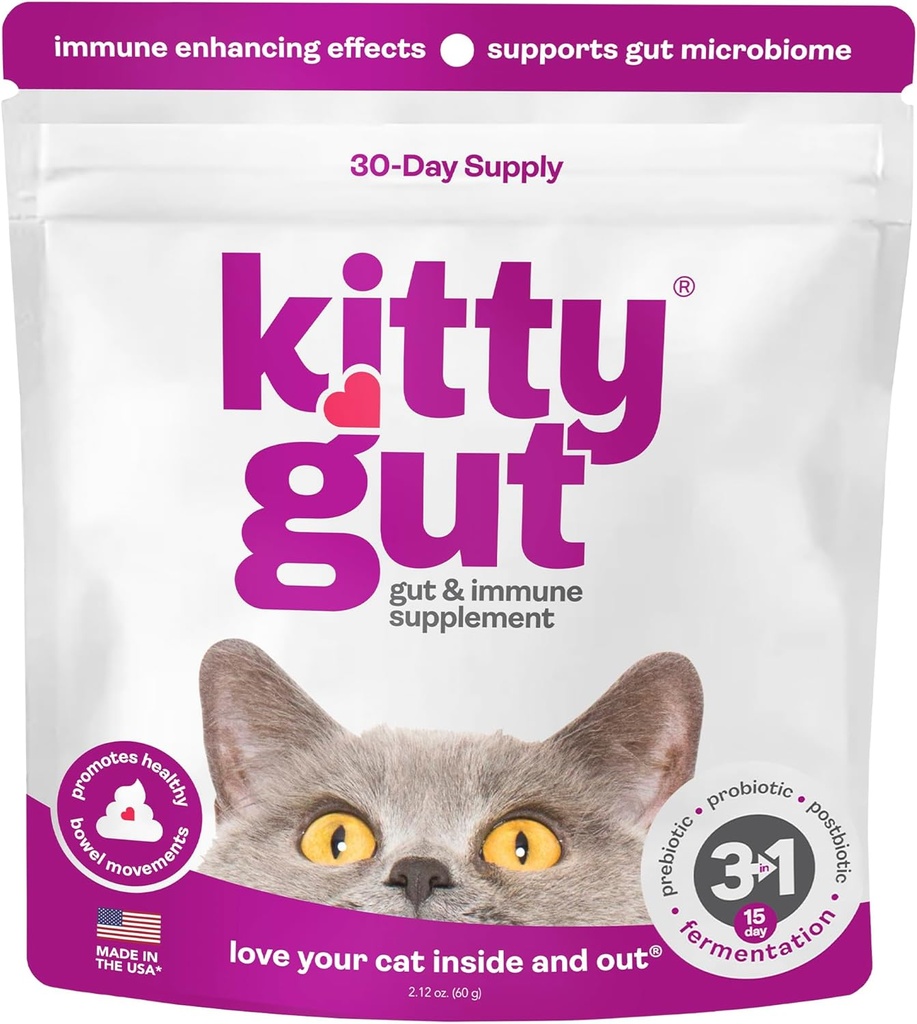 KittyGut 3-in-1 Probióticos de gatos orgánicos " suplemento postbiótico Polvo- Hecho en EE.UU.-Probióticos para gatos promueven Gut Health y Cat Digestive Support, Diarrhea y Vomiting (60g)