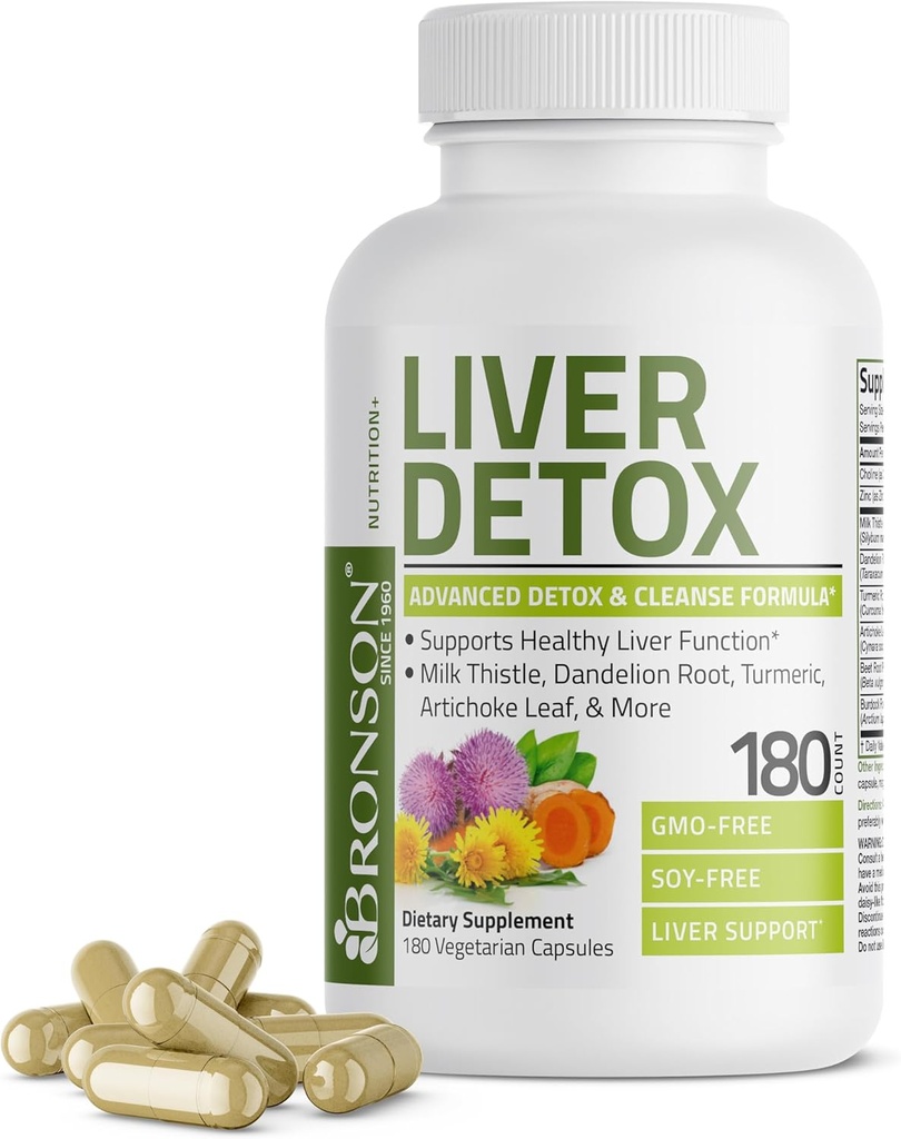 Bronson Liver Detox Advanced Detox &amp; Cleansing Formula Supports Health Liver Function with Milk Thistle, Dandelion Root, Turmeric, Artichoke Leaf &amp; More, Non-GMO, 180 Vegetarian Capsules