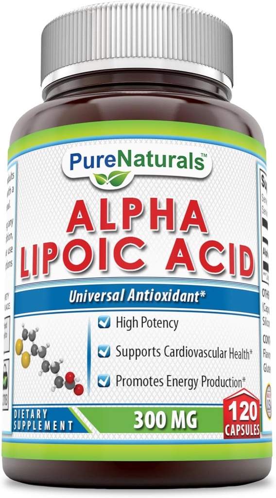 Pure Naturals Alfa Lipoic Acid 300 Mg Capsules, 120Count *Apoyos Salud cardiovascular y producción de energía*