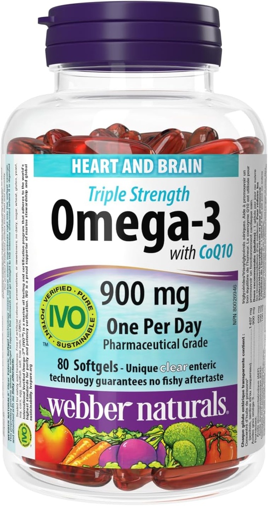 Webber Naturals Triple Fuerza Omega-3 con CoQ10 Enteric recubierto 900 mg Omega-3 (EPA • DHA)/ 100 mg CoQ10, 80caps