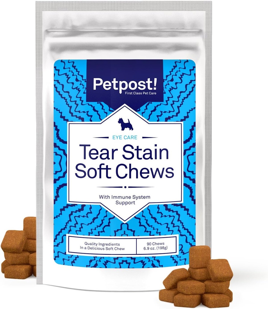 Petpost Tear Stain Remover Soft Chews for Dogs ← 90 Conde Cheese Flavor Dog Tear Stain Support Suplemento ← Gentle Eye Care for White Dogs & Light Breeds ← Tylosin Free, Made in USA