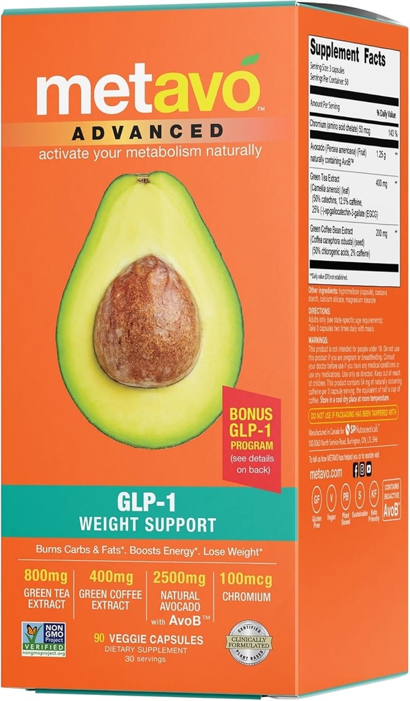 Metavo Advanced Weight Support – Suplementos de dieta natural con nutrientes esenciales para promover el bienestar, Enriquecido con aguacates, té verde, cromo &amp; café verde, 90 pastillas de dieta fácil de cambiar
