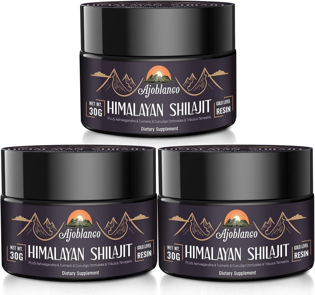 Ajoblanco 600mg Natural Himalaya Shilajit Resin - Himalayan Gold Shilajit Resin with Organic Ayurvedic Blend in High Potency for Energy, Strength &amp; Immunity, Pack of 3