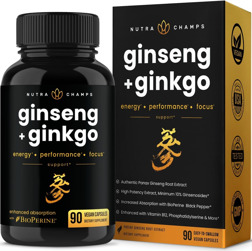 NutraChamps Korean Red Panax Ginseng Capsules ← Extra Strength Ginsenosides for Energy, Focus, Performance, Vitality & Immune Support ← Coreano Red Ginseng Root Extract (90, Premium Gold)