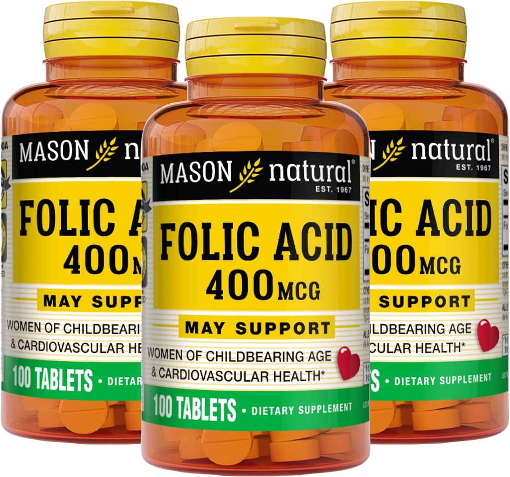Masón Natural Folic Acid 400 mcg, Suplemento diario de Salud, Mood y Cuidado Prenatal, para Mujeres de Edad Infantil, 100 Tabletas (Pack of 3)