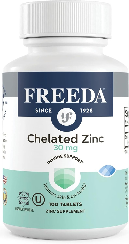 Freeda Chelated Zinc 30mg – TRAACS® Zinc Bisglycinate for High Absorption – Vegan, Kosher, Gentle on Stomach – Immune Support for Adults, Men &amp; Women – 100 Tiny Tablets