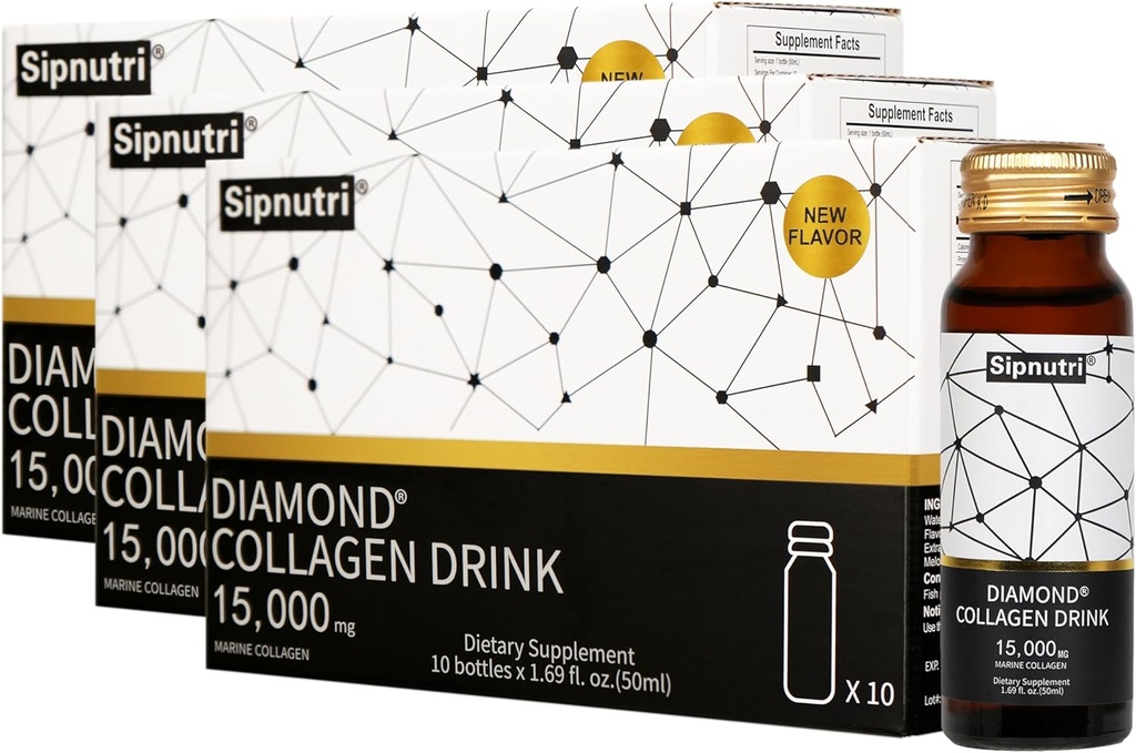 Bebida de colágeno líquido de diamante, 15000 mg Péptidos de colágeno marino hidrolizado con vitamina C, granada, uñas sanas de piel de pelo Juntas Soporte de huesos, 50 ml x 10 botellas (3 cajas)