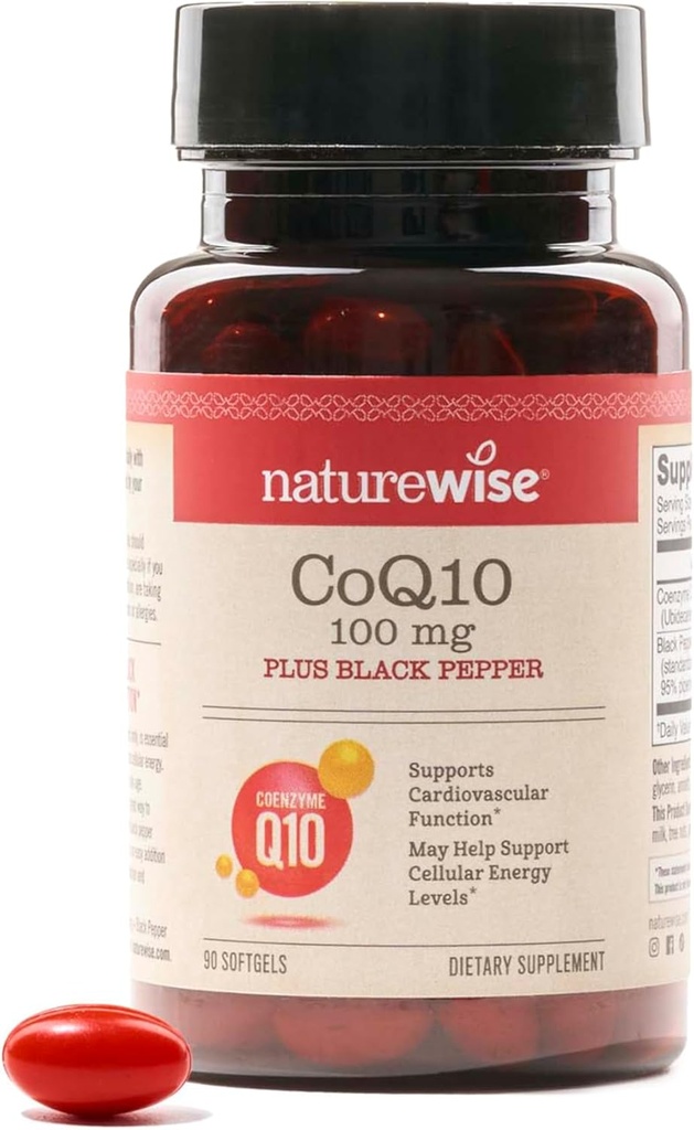 NatureWise CoQ10 100mg + Black Pepper Softgels - High Absorption Coenzyme Q10 + Black Pepper - Antioxidant for Heart Health + Cellular Energy - Vegan, Non-GMO, Gluten-Free - 90 Conde[90-Day Supply]