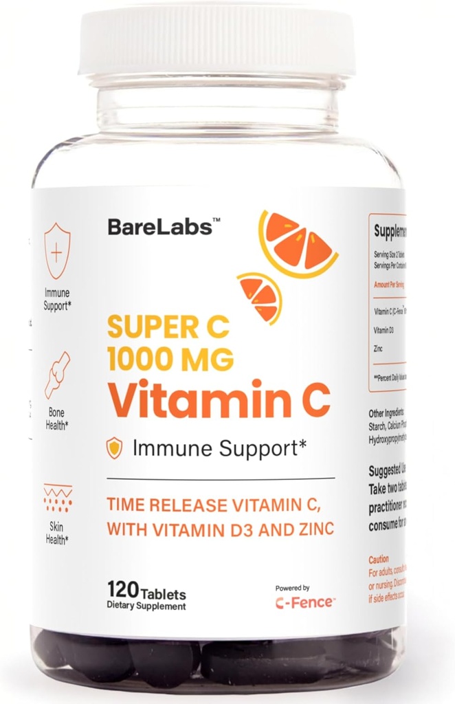 Time Release Vitamin C 1000 mg + Vitamin D3 1000 UI + Zinc 30 mg  durable Immune Support &amp; Collagen Boost ← Non-GMO, All-Day Antioxidant tención 120 Tablets Super C