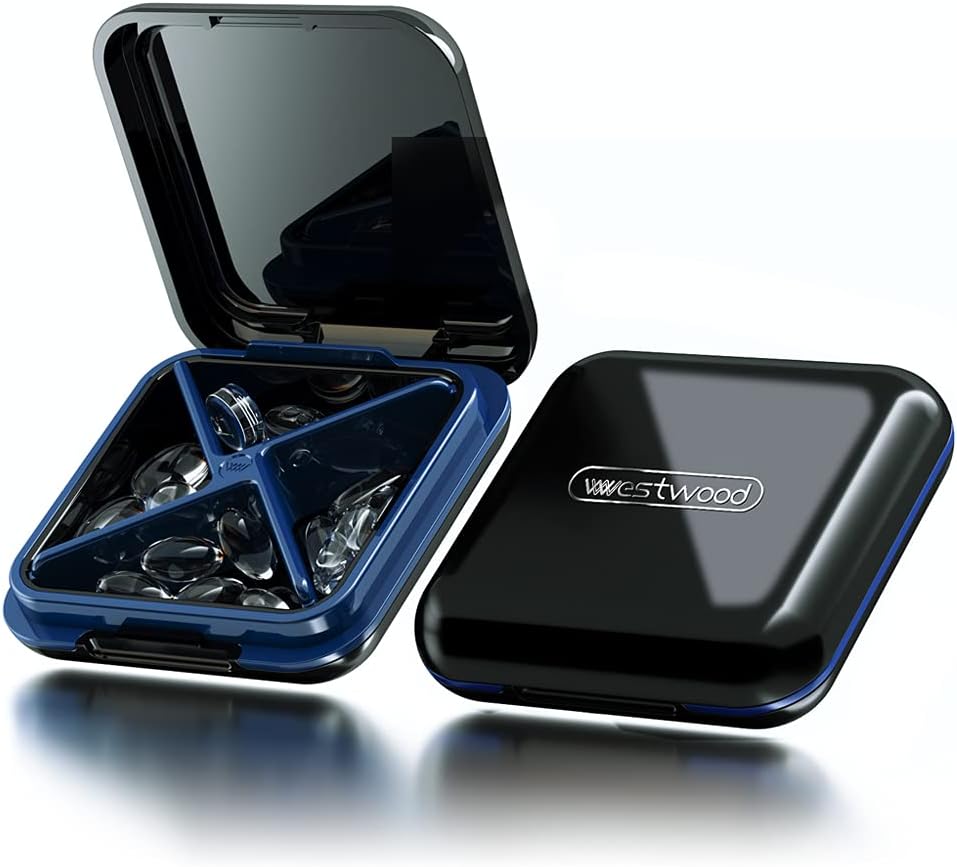 Caja pequeña de la pila, caja de la pila de viaje - Acedada Portable Daily Pill Container, Fichero para el púrpura, Organizador de la medicina compacta impermeable, Caja de vitaminas, Negro