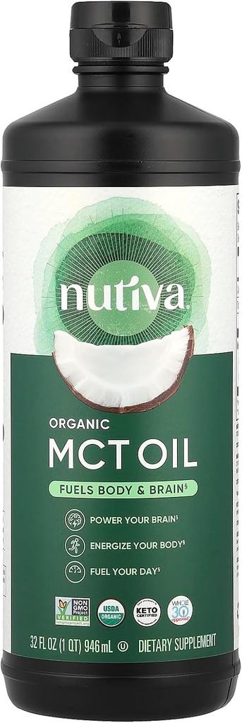 Nutiva Organic MCT Oil, Unflavored, 32 Oz, USDA Organic, Non-GMO, Non-BPA, Whole 30 Approved, Vegan, Gluten-Free & Keto, 14g MCT per Serving & Neutral Flavor for Energy Boost to Coffee, Shakes and Salads