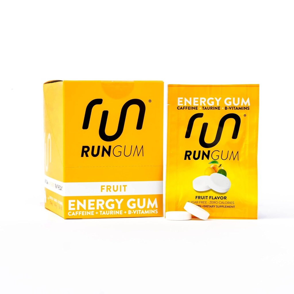 RUN GUM Fruit Energy Chewing Gum 50mg Caffeine Taurine & B-Vitamins Per Piece, 24 Pieces (Pack of 12) Sugar Free, Zero Calorie, No Aspartame, and Gluten Free