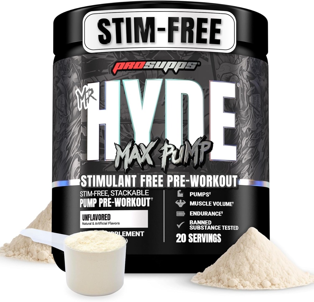 PROSUPPS Mr. Hyde Max Pump Pre Workout Powder - Stim-Free Preworkout Supports Blood Flow, Muscle Volume &amp; Endurance - Caffeine-Free Nitric Oxide Gym &amp; Fitness Supplements (Unflavored, 20 Servings)
