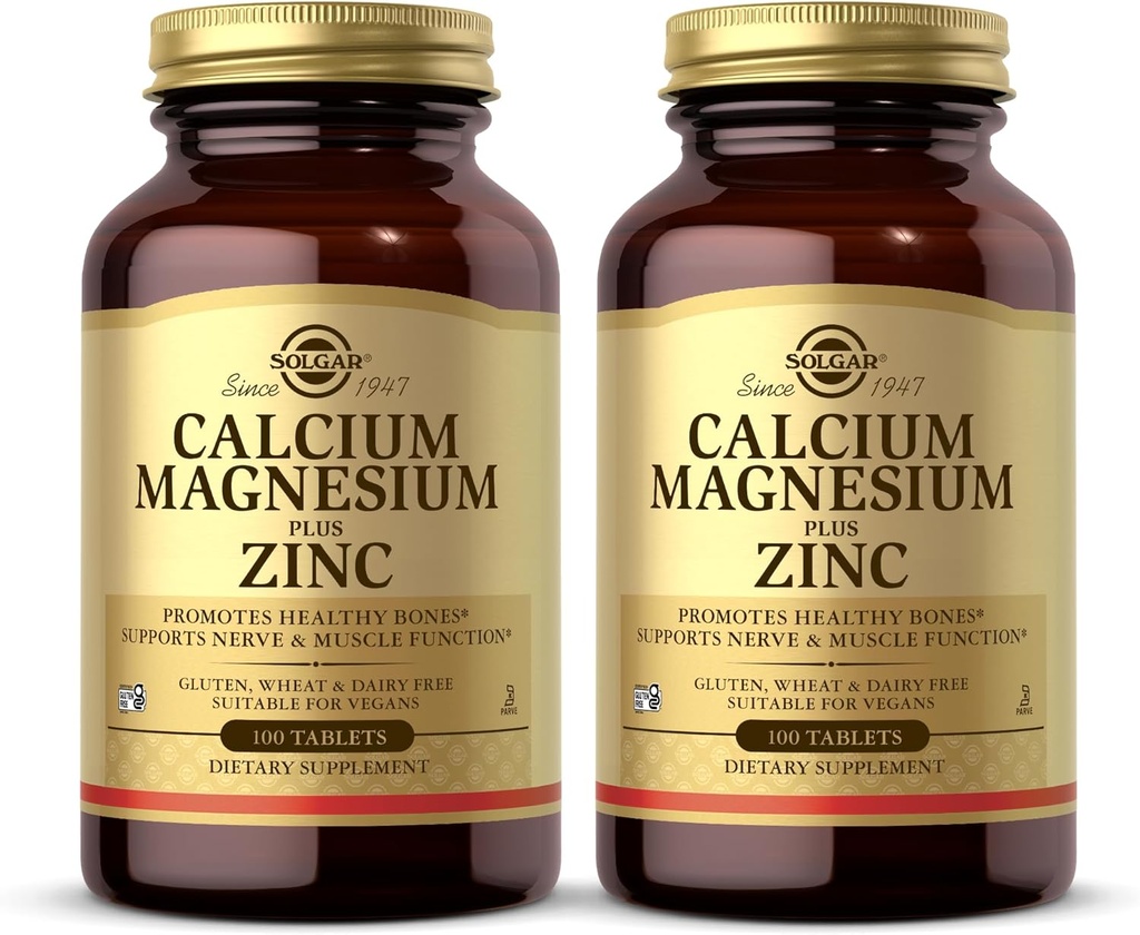 Solgar Calcium Magnesium Plus Zinc, 100 Tablets (Pack of 2) - Promueve Huesos y dientes saludables - Apoya la función Nerve &amp; Muscle - No GMO, Vegan, Gluten Free, Dairy Free, Kosher - 66 Total Servings