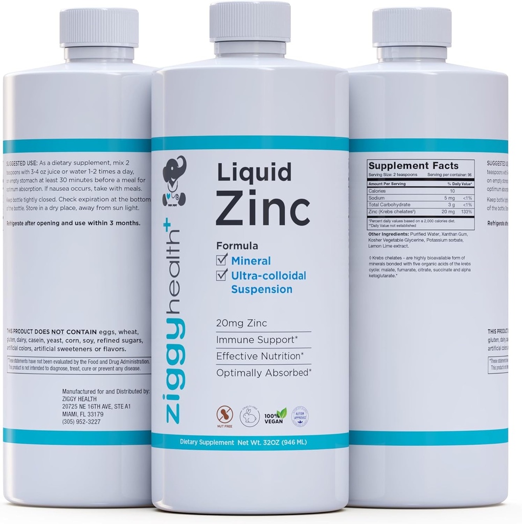 Zinc líquido - Soporte diario Sulfato de zinc, suplementos de zinc líquido, suplementos de detox &amp; cuidado de la piel, vitaminas para niños y adultos, vitaminas líquidas, zinc para niños, libre de gluten, vegano (32 oz)