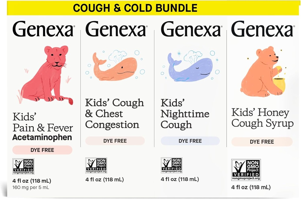 Genexa Kids' Clean Cough Medicine &amp; Honey Cough Syrup, Doin &amp; Fever Reducer Value 4-Pack, Dye Free, 0% Artificial Additives, Cough Care for Children, Fever & Pain Reliever, 16 fl oz (4 Bottles)